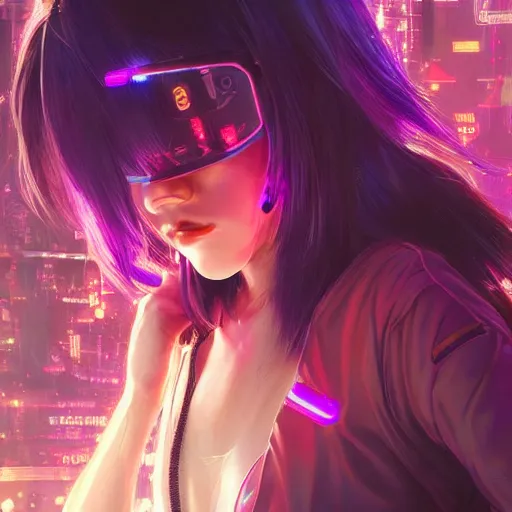 Prompt: cyberpunk japanesse girl with neon lights, with techware, intricate, elegant, highly detailed, digital painting, japanese, unreal engine 5, trending on artstation, concept art, studio ghibli, illustration, art by artgerm and greg rutkowski and alphonse mucha