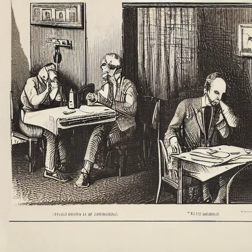 Image similar to linotype print of a tired man sitting hunched over in a restaurant. Bill is on the table and food is uneaten.