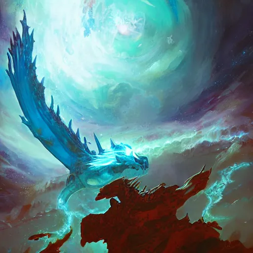 Prompt: prompt crystalline blue dragon, devouring a planet, space, planets, moons, sun system, nebula, oil painting, by Fernanda Suarez and and Edgar Maxence and greg rutkowski