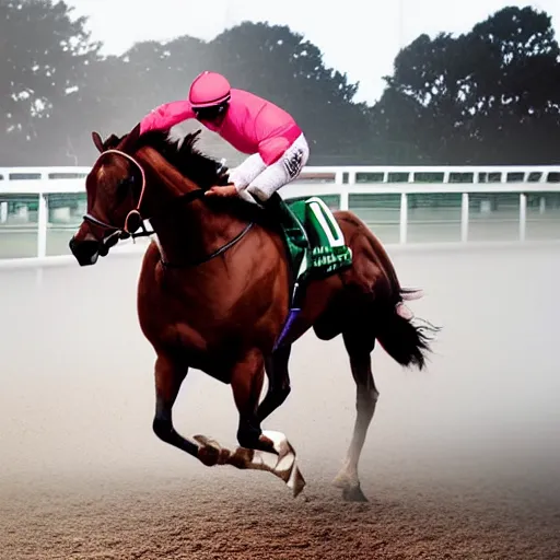 Image similar to close up front view of dense fog at a horse racing track. a glistening stallion ( ridden by a jockey in colorful outfit ) suddenly emerges from the fog head first, galloping extremely hard to win a race. professional, digital art, photorealistic, cinematic.