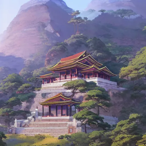 Prompt: concept art painting of a temple on a mountain cliff, with greek and japanese architecture, overlooking a village in a valley, early morning, realistic, detailed, cel shaded, in the style of makoto shinkai and greg rutkowski and james gurney