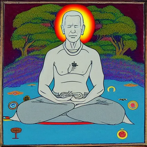 Prompt: joe biden meditates under the bodhi tree, third eye, tempera on wood