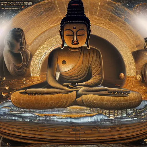 Image similar to all of the planets revolving around a giant Buddha, beautiful, oil on canvas, intricate, 8k highly professionally detailed, HDR, CGsociety