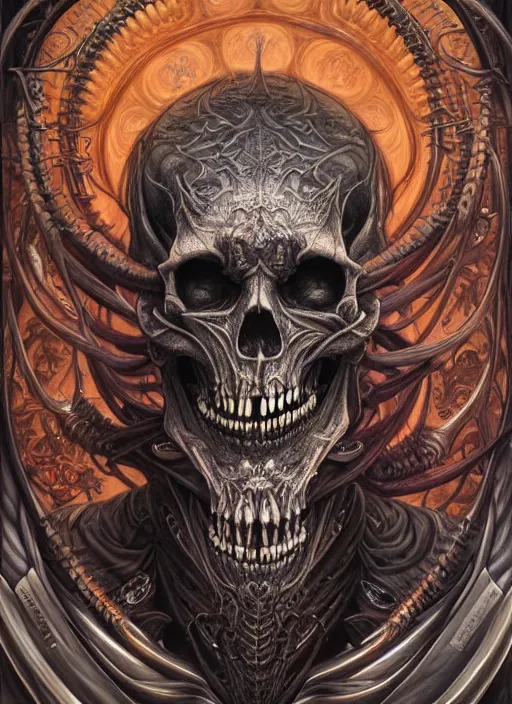 Image similar to hyper detailed masterpiece demon skull evil tattoo warrior by donato giancola and tom bagshaw, face by artgerm and edmund leighton, and h. r. giger, trending on artstation, colorful, psychedelic aesthetic, ornate, background by james jean, 8 k, biomechanical, majestic, volumetric lighting, porcelain skin, concept art, sharp focus