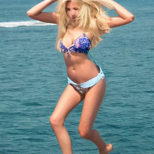 Image similar to photograph : a very beautiful young woman with extremely long blond hair, full body photo, extremely long wavy 2 0 meters long blond hair, sky blue eyes, full round face,, bikini, miniskirt, front shot, extremely long thick blond hair