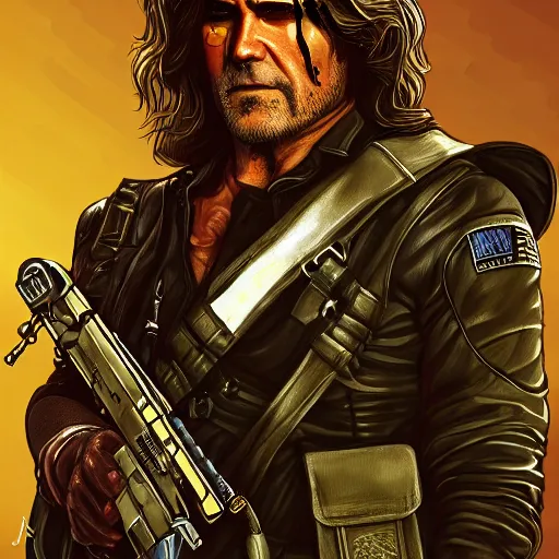 Image similar to Snake Plissken standing next to an alien, digital art, trending on artstation, highly detailed