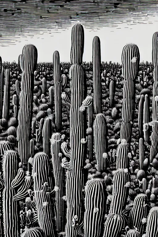 Prompt: art by brian reedy, a beautiful black ink linocut print of a field of cacti, 8 k, frostbite 3 engine, cryengine, dof, trending on artstation, digital art, crepuscular ray