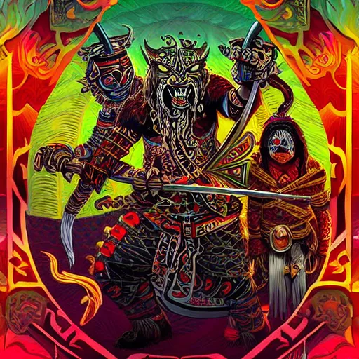 Prompt: barong family ancient sword with jewels, wiwek, mara demon, one single tribe member, jungle, one single mask, dark, ancient warrior, tribal, inner glow, art by dan mumford and justin gerard