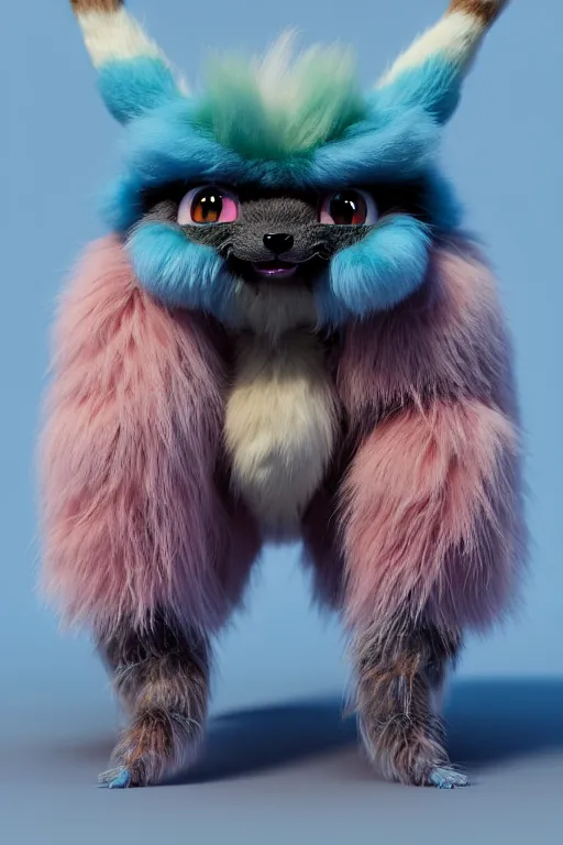 Image similar to high quality 3 d render hyperrealist very cute multicolor stripped fluffy! tarantula cat hybrid highly detailed, vray smooth, in the style of detective pikachu, hannah yata charlie immer, dramatic blue light, low angle, uhd 8 k, sharp focus