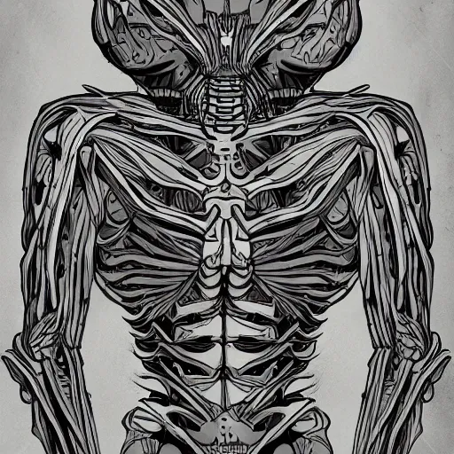 Image similar to alien mix with skeleton, hyper detailed, stylized,