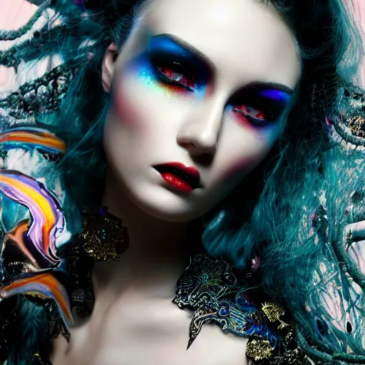 Prompt: Ethereal, mysterious stunning maximalist mesmerizing girl from the rainbow sky paradise, high-tech, professional high fashion model photo shoot for vampire goth fashion, hyperdetailed by Mark Ryden and artgerm and Hiroyuki-Mitsume Takahashi, close-up 35mm macro shot, hyperrealism, 8k resolution 3D, cinematic, dynamic lighting, octane render, unreal engine 5