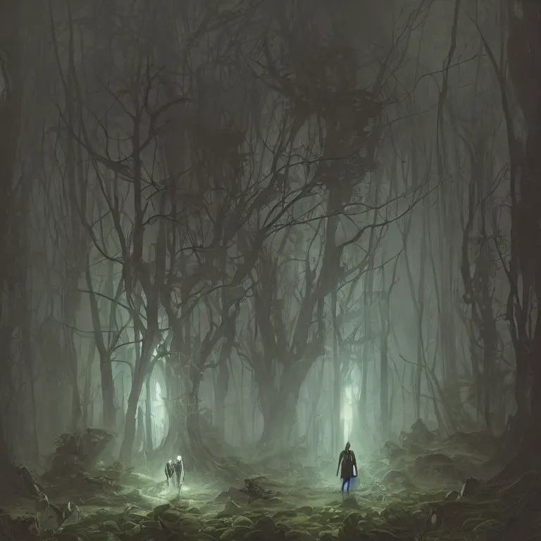 Image similar to a lone figure standing in front of a haunted victorian house in a dense dark forest, concept art, by Peter Mohrbacher and Alphonse Mucha, detailed, style, 8k, trending on artstation, unreal engine 4k, detailed, clean background trending, full shot, symmetrical portrait, sophisticated, Unreal engine, dystopia, anti-utopia, post processing, psychadelic