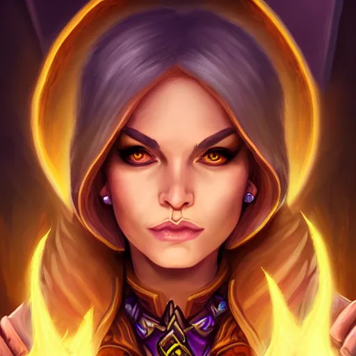 Prompt: Portrait of a sorceress, Hearthstone official trending art, exagerated accurate details, trending on MasterpieceStation in category 'Perfect same eyes'