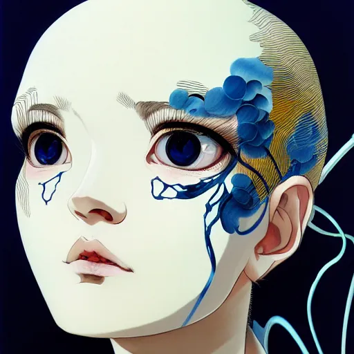 Image similar to prompt : ivory and blue and black portrait soft light painted by james jean and katsuhiro otomo and erik jones, inspired by evangeleon anime, smooth face feature, intricate oil painting, high detail illustration, sharp high detail, manga and anime 1 9 9 9