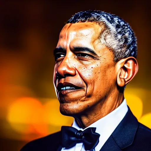 Image similar to a still of Barak Obama. Shallow depth of field. City at night in background, lights, colors ,studio lighting, mood, 4K. Profession photography