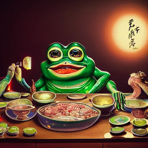 Prompt: plasticine wet shiny angles, crystal, moonlit, mirrors, camera angled dramatically, realistic hyperdetailed design of pepe the frog eating last supper, ferocious, chinese mythology, victo nga, fumo yoshitoshi, ren jing jeong, feifei ruan, peter mohrbacher, takato yamamoto