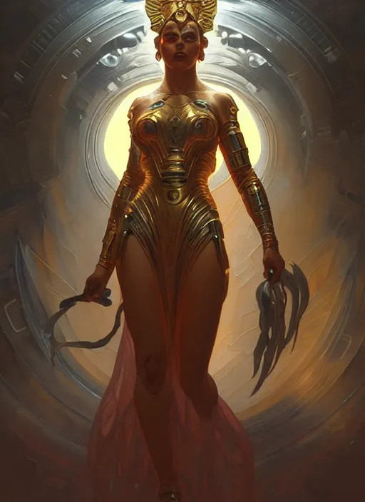 Image similar to the godess hera looking angry, sci - fi armour, tech wear, volumetric lights, sci - fi, intricate, elegant, highly detailed, digital painting, artstation, concept art, smooth, sharp focus, illustration, art by artgerm and greg rutkowski and alphonse mucha