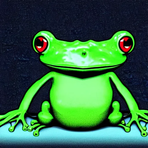 Prompt: sad humanoid frog holding his head in front of a computer screen in a dingy dark room at night. digital art.