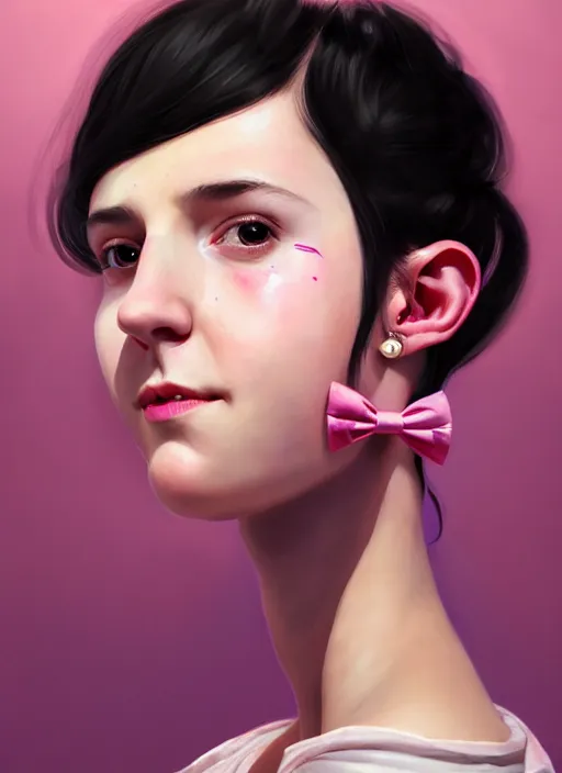 Image similar to portrait of teenage girl, realistic, black hair, bangs, half updo hairstyle, pointy nose, skinny, smile, ugly, defined jawline, big chin, pink hair bow, earrings, intricate, elegant, glowing lights, highly detailed, digital painting, artstation, sharp focus, illustration, art by wlop, mars ravelo and greg rutkowski