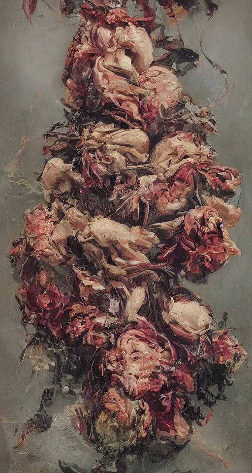 Image similar to Professional arrangement of human flesh, bones, teeth, and rotten meat in a flower vase