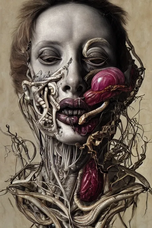 Image similar to Detailed maximalist portrait of a greek god with large lips and eyes, scared expression, botanical anatomy, skeletal with extra flesh, HD mixed media, 3D collage, highly detailed and intricate, surreal illustration in the style of Jenny Saville, dark art, baroque, centred in image