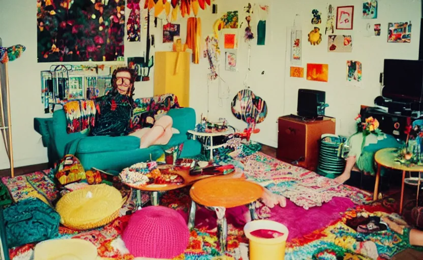 Image similar to a very 60's hippy style apartment party, 35mm,Epic,cinematic
