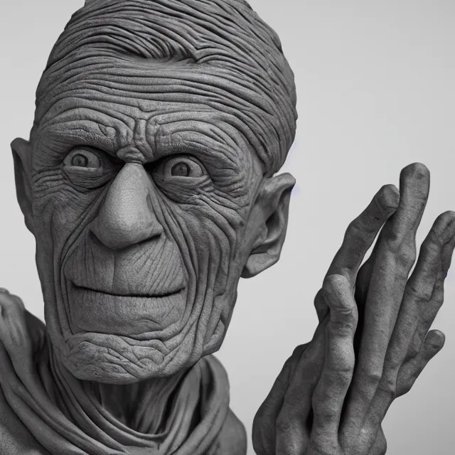 Image similar to photography of a sculpture of Samuel Beckett made of clay by Sebastian Kruger and Michelangelo, 50mm, studio atmosphere, 8K, rim light, octane render, ultra-realistic