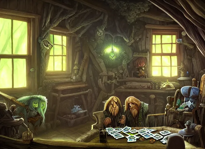 Image similar to interior of a dark cabin. a leshy forces you to play a tabletop card game. painting by dan volbert and mandy jurgens and deiv calviz and lim chuan shin