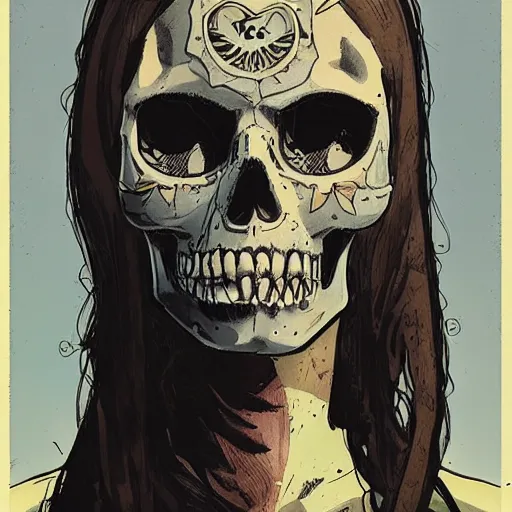 Image similar to a portrait of a girl skull face, alec soth and mike mignola, colors and hard shadows and strong rim light, plain background, comic cover art, trending on artstation