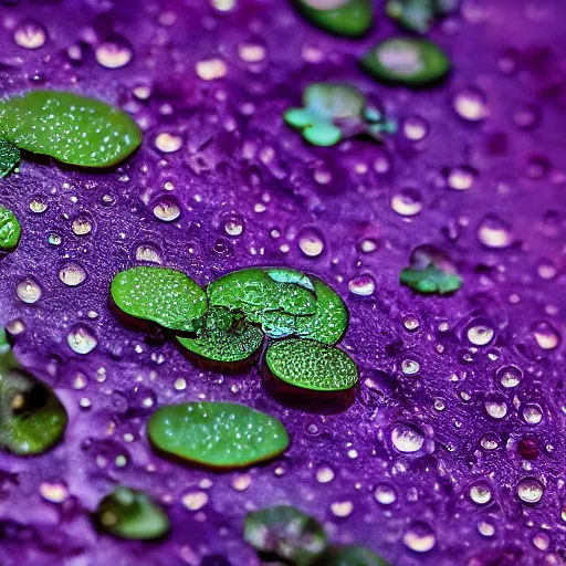 Prompt: nature shot of alien jungle fruit covered in dew drops floating atop shimmering waters, looming milky purple mist in the background, vines, tendrils, lotus style and shape in tilt shift, low angle by kazuya takahashi