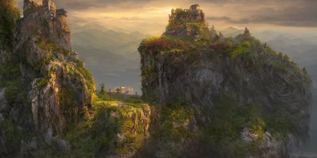 Image similar to a spiritual matte painting by feng zhu of a cliff side castle, dawn setting, HDR, unreal engine, god rays, ue5, concept art, wide angle, 4k hd wallpaper