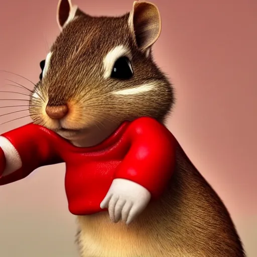 Image similar to a high quality photo of a chipmunk wearing a red suit and eating, render, ultra realistic, cgsociety