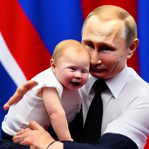 Prompt: Putin giving baby trump a tickle, baby trump in suit with full trump haircut