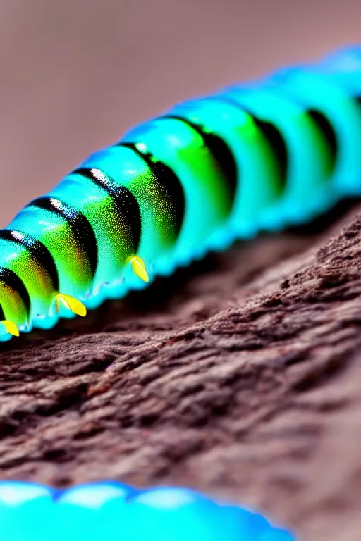 Prompt: high quality macro photo iridescent translucent caterpillar! cute highly detailed david ligare elson peter cinematic teal lighting high quality low angle hd 8k sharp shallow depth of field