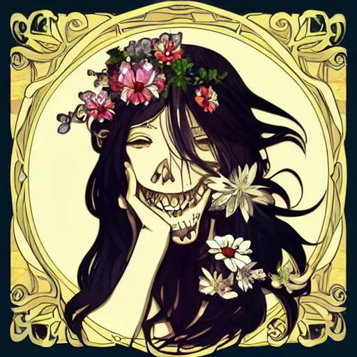 Image similar to anime manga skull portrait woman face flowing hair skeleton illustration style by Alphonse Mucha and Takashi Murakami pop art nouveau