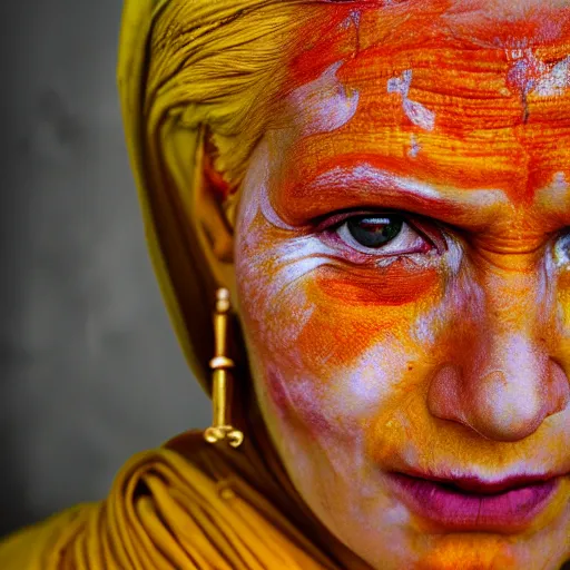 Image similar to realistic expired fuji film portrait of happy albino india hijra woman mix, marigold celestial vibe, hyperrealism, hypermaxiymalism, photorealistic, detailed, atmospheric, 8 k, award winning photography, cinematic