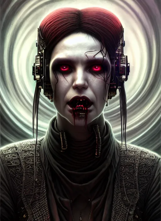 Prompt: portrait shot of a cyberpunk vampire in a scenic dystopian environment, lovecraftian, intricate, elegant, highly detailed, centered, digital painting, artstation, concept art, smooth, sharp focus, illustration, artgerm, tomasz alen kopera, peter mohrbacher, donato giancola, joseph christian leyendecker, wlop, boris vallejo