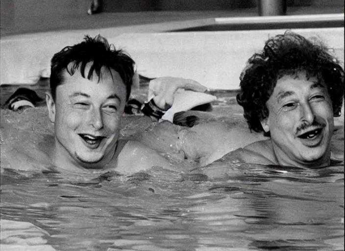 Image similar to elon musk and bill gates and einstein swim together. perfect faces.