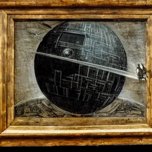 Image similar to the destruction of the death star, painted by leonardo de vinci