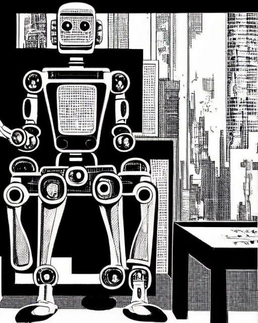 Prompt: robot wearing highly detailed hyperrealism neofuturistic cyberpunk neuralinterface is sitting on a chair, by wally wood and moebius