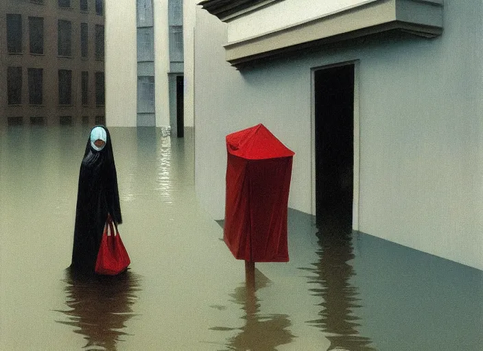 Image similar to woman dressed in plastic bags in paper bag over the head on flooded street Edward Hopper and James Gilleard, Zdzislaw Beksinski, highly detailed