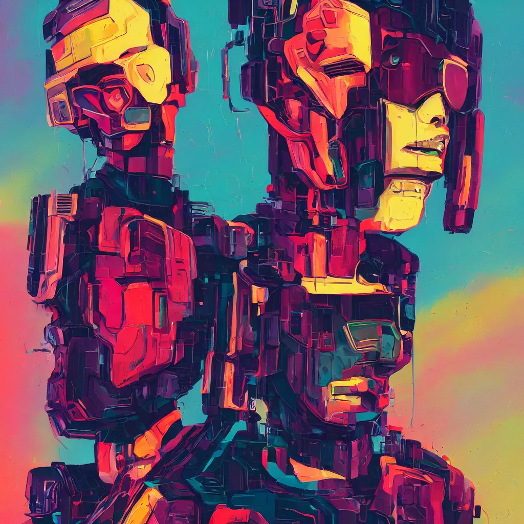 Image similar to a graph - style gouache impasto huge robot head in front of her, cyberpunk art by by james gilleard, cgsociety, retrofuturism, synthwave, retrowave, outrun