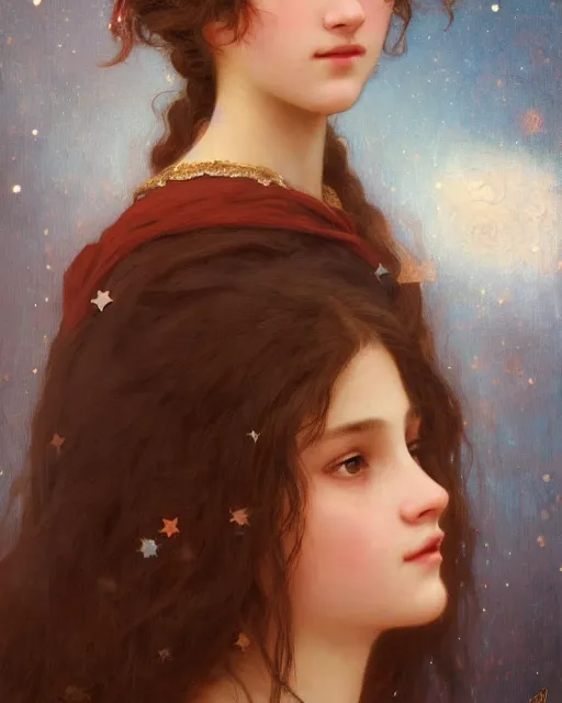 Image similar to a portrait painting of a shy, blushing 1 6 - year old princess resembling alicia vikander at night with a sky full of stars, intricate, elegant, highly detailed, artstation, concept art, by krenz cushart and artem demura and william adolph bouguereau and alphonse mucha