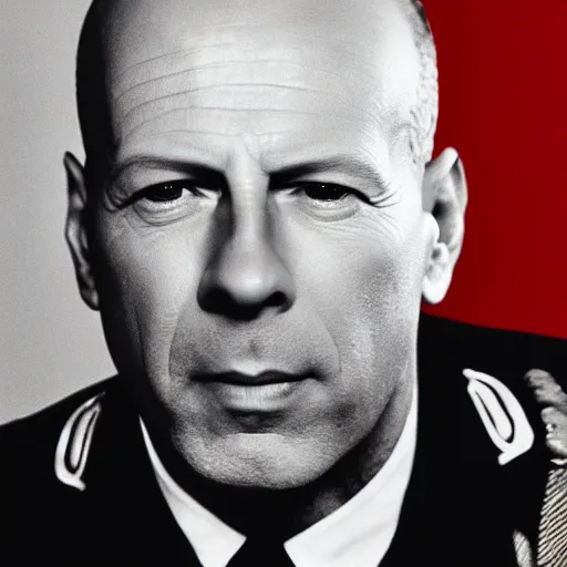 Prompt: portrait photo of bruce willis wearing nazi uniform, german ww 2 officer uniform, bright grey corridor at background, dramatic cinematic noir, weaponless, uncovered head, detailed, 8 k, colored, high detail of bruce willis face