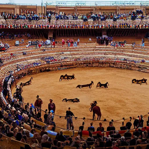 Image similar to by neil welliver, by martin deschambault navajo bleak. a photograph of a bullfight in spain. the photograph is set in an arena with spectators in the stands. several figures in the photograph, including a matador & a bull.