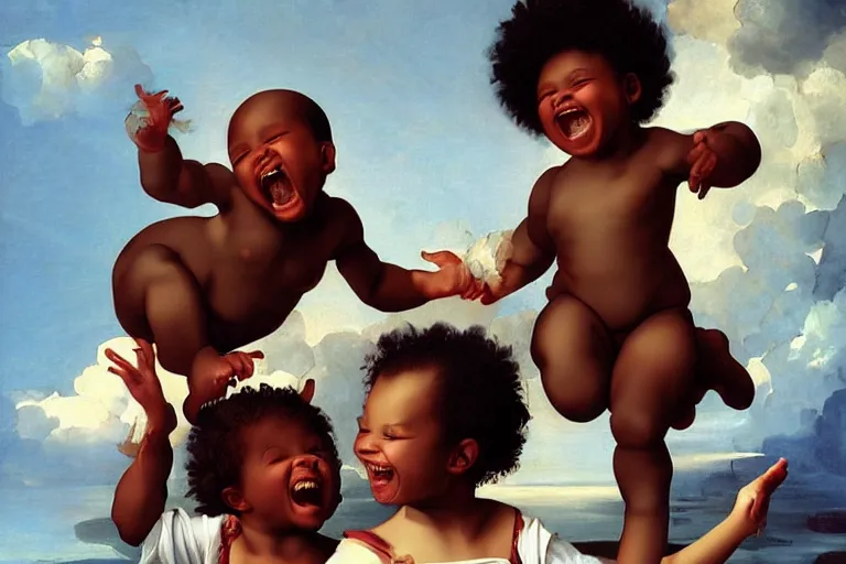 Image similar to carefree black children playing smiling and laughing, digital renaissance painting by artgerm by caravaggio and face by wlop