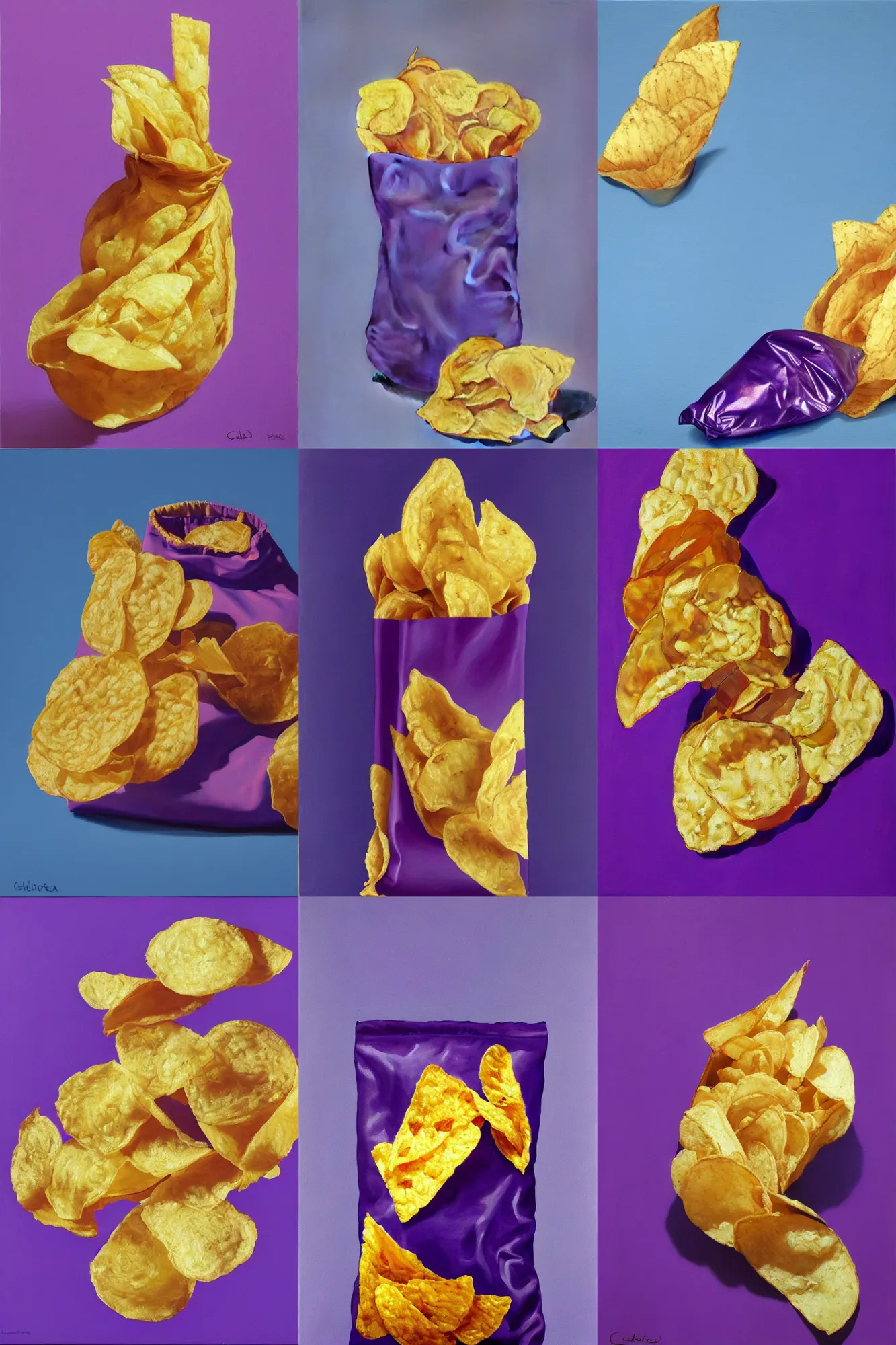 Prompt: an hyper - realistic painting of potato chips with a purple blue background in the shape of a bag, with no visible bag, by claudio bravo
