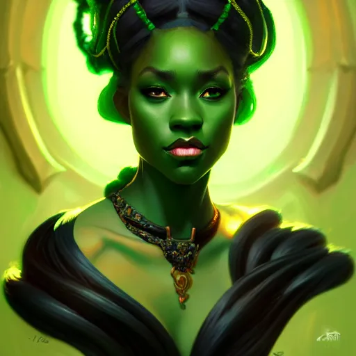 Image similar to black aristocrat, green black orange color palette, female, d & d, fantasy, intricate, elegant, highly detailed, long green hair, digital painting, artstation, octane render, concept art, matte, sharp focus, illustration, hearthstone, art by artgerm, alphonse mucha johannes voss