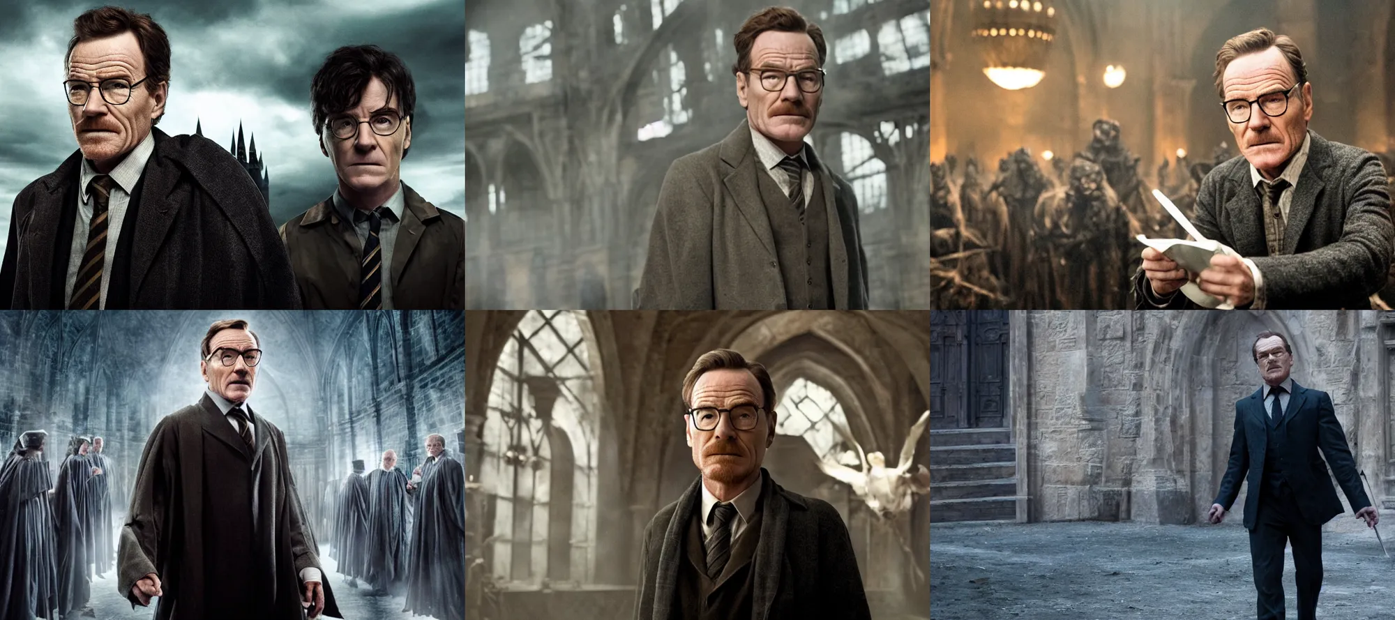 Prompt: promotional image of Bryan Cranston as an Auror in Harry Potter and the Deathly Hallows: Part 1 (2010), movie still frame, promotional image, imax 70 mm footage