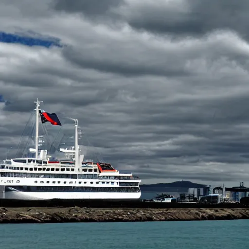 Image similar to fantasy ship sailing through auckland Harbor, futuristic neon